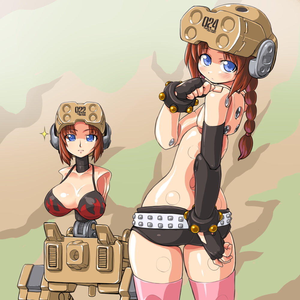 2girls, ass, bad_id, bad_pixiv_id, bikini, bikini_top_only, blue_eyes, braid, breasts, brown_hair, busou_shinki, cosplay, dd_(ijigendd), doll_joints, fingerless_gloves, fort_bragg, gloves, joints, large_breasts, long_hair, mecha_musume, multiple_girls, pink_thighhighs, short_hair, shorts, swimsuit, tengen_toppa_gurren_lagann, thighhighs, yoko_littner, yoko_littner_(cosplay)