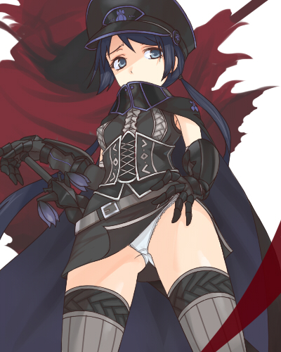 1girl, armor, belt, black_cloak, black_hair, black_hat, blue_eyes, cloak
