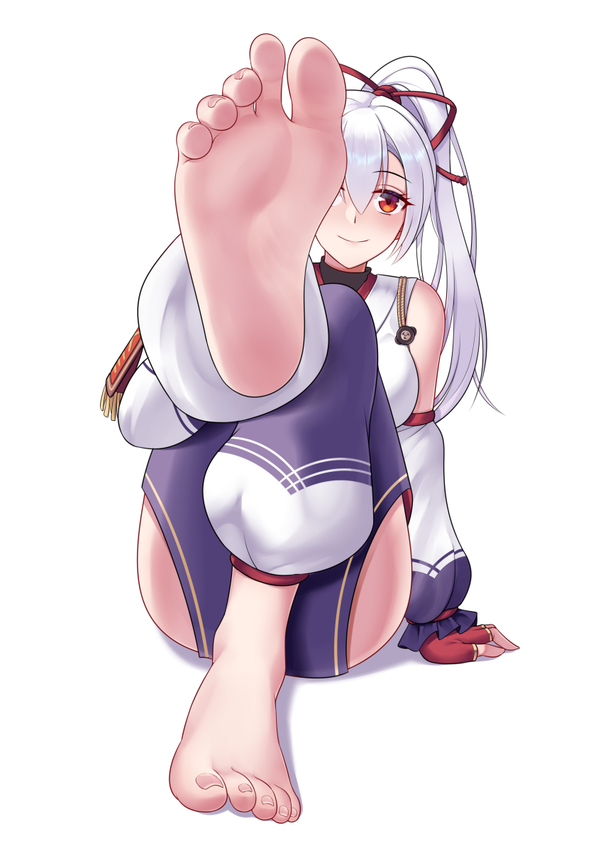 1girl, absurdres, bare_shoulders, barefoot, blue_hakama, blush, breasts, commission