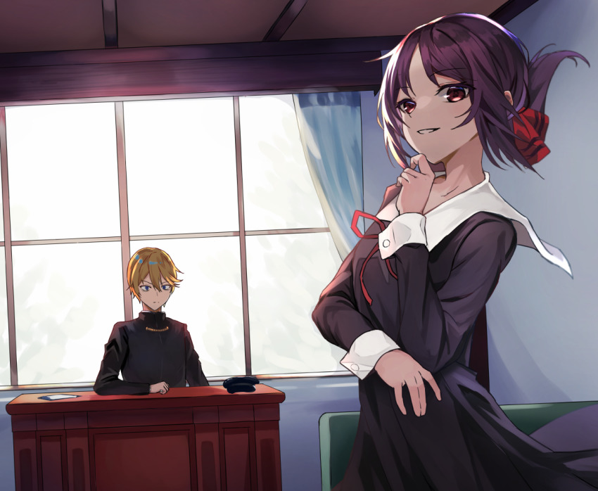 1boy, 1girl, akaneko_ken, black_dress, black_hair, blonde_hair, blue_eyes, blush