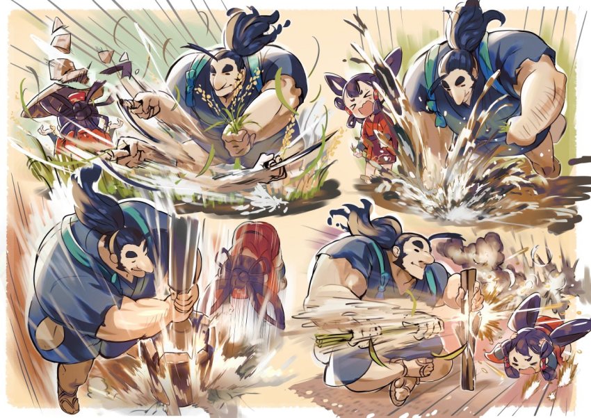 1boy, 1girl, ajirogasa, closed_eyes, hair_rings, hat, inoki-08, japanese_clothes