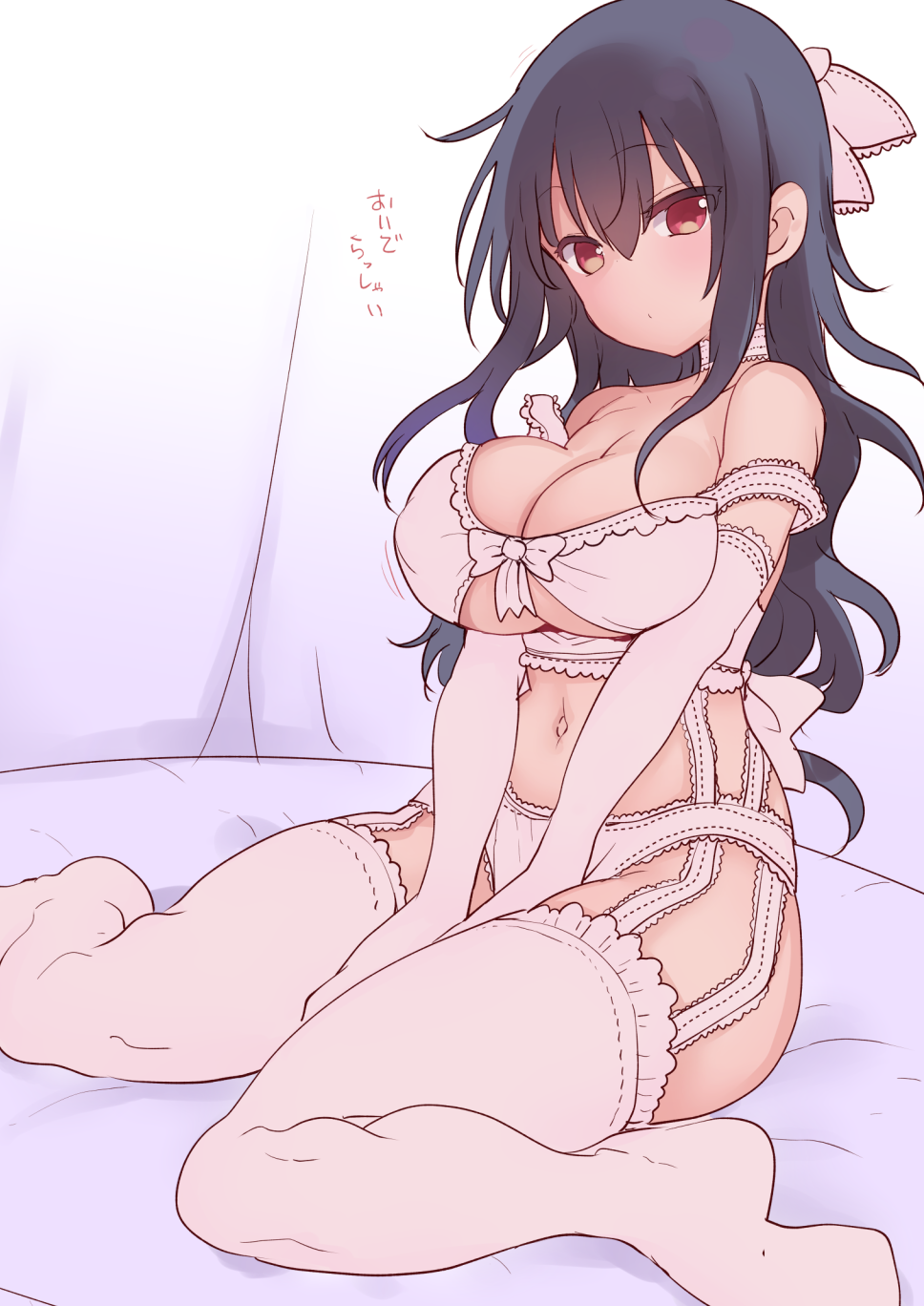 1girl, bare_shoulders, black_hair, bra, breasts, cleavage, cool-kyou_shinja, elbow_gloves