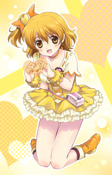 00s, 1girl, blonde_hair, cure_pine, female_focus, fresh_precure!, hair_ornament, heart