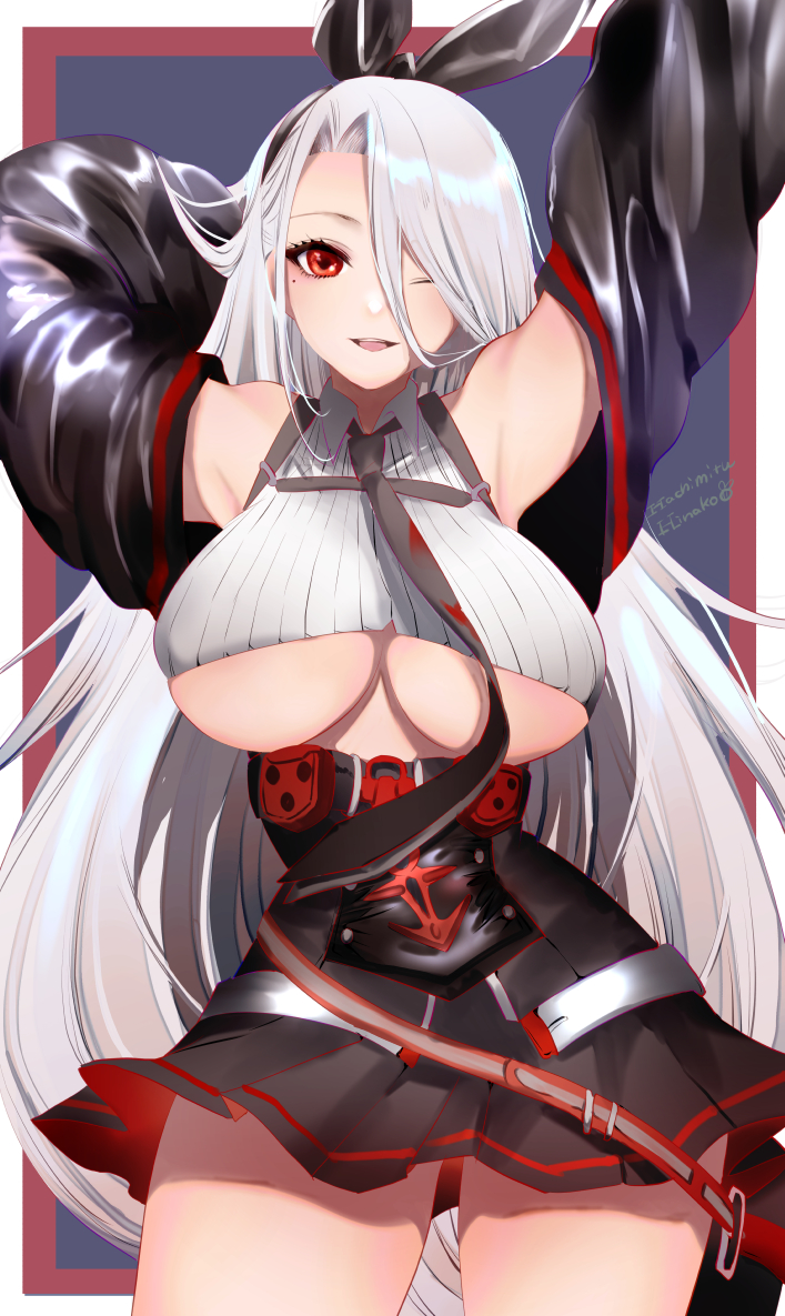 1girl, armpits, arms_up, artist_name, azur_lane, black_jacket, black_necktie, black_skirt