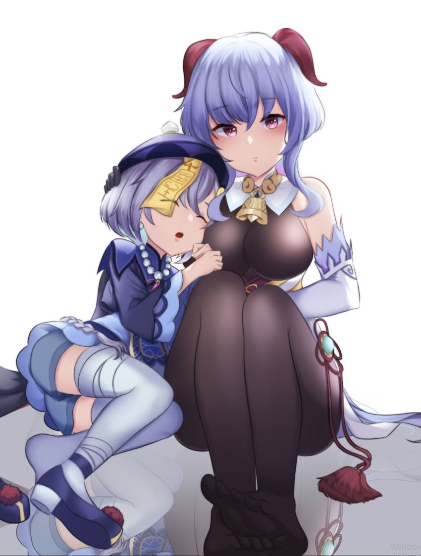 2girls, bell, black_pantyhose, bodysuit, breasts, closed_eyes, cowbell, dress