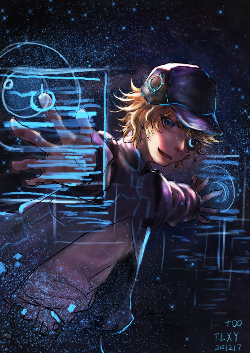 +infinitytlxy, 1boy, akudama_drive, artificial_eye, artist_name, black_hat, blonde_hair, dated