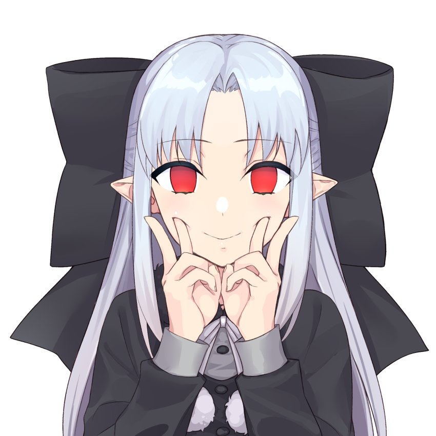 1girl, apo_(apos2721), black_bow, black_dress, bow, commentary, double_v, dress, empty_eyes, fingersmile, hair_bow, highres, large_bow, len_(tsukihime), long_hair, long_sleeves, pointy_ears, red_eyes, simple_background, smile, solo, tsukihime, v, white_background, white_hair