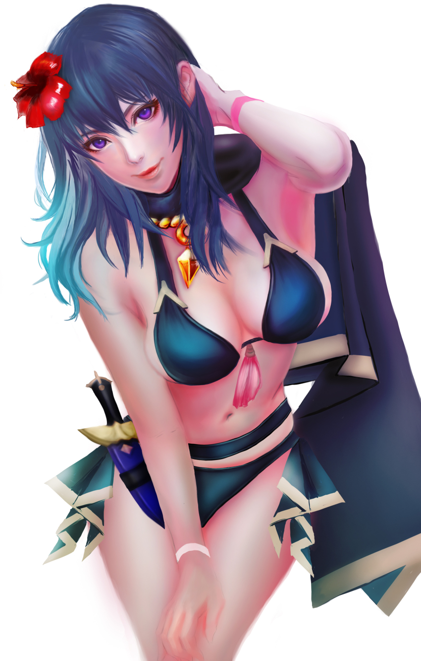 1girl, absurdres, armpits, bikini, black_bikini, black_cape, blue_hair, breasts