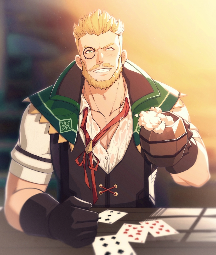 1boy, adam's_apple, alcohol, bara, beard, beer, beer_mug, black_gloves, black_vest, blonde_hair, blurry, blurry_background, blush, collarbone, collared_shirt, cup, cyrus_(genshin_impact), drunk, facial_hair, genshin_impact, gloves, green_eyes, looking_at_viewer, male_focus, mug, muscular, muscular_male, mustache, necktie, unworn_necktie, partially_unbuttoned, pectoral_cleavage, pectorals, poker, red_necktie, round_eyewear, shirt, short_hair, short_sleeves, smile, solo, upper_body, vest, wet, wet_clothes, wet_shirt, white_shirt, zhuganchangjiadan