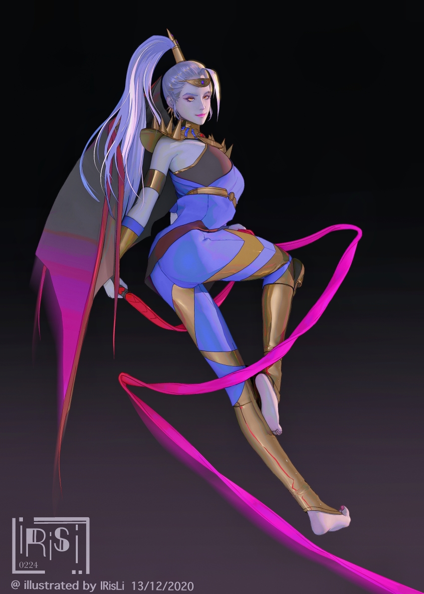 1girl, 2020, absurdres, artist_name, ass, blue_hair, blue_skin, bodysuit, colored_skin, dated, ear_piercing, eyebrow_piercing, face_piercing, hades_(series), hades_1, highres, irisli0224, megaera_(hades), piercing, ponytail, single_wing, smile, whip, wings, yellow_eyes