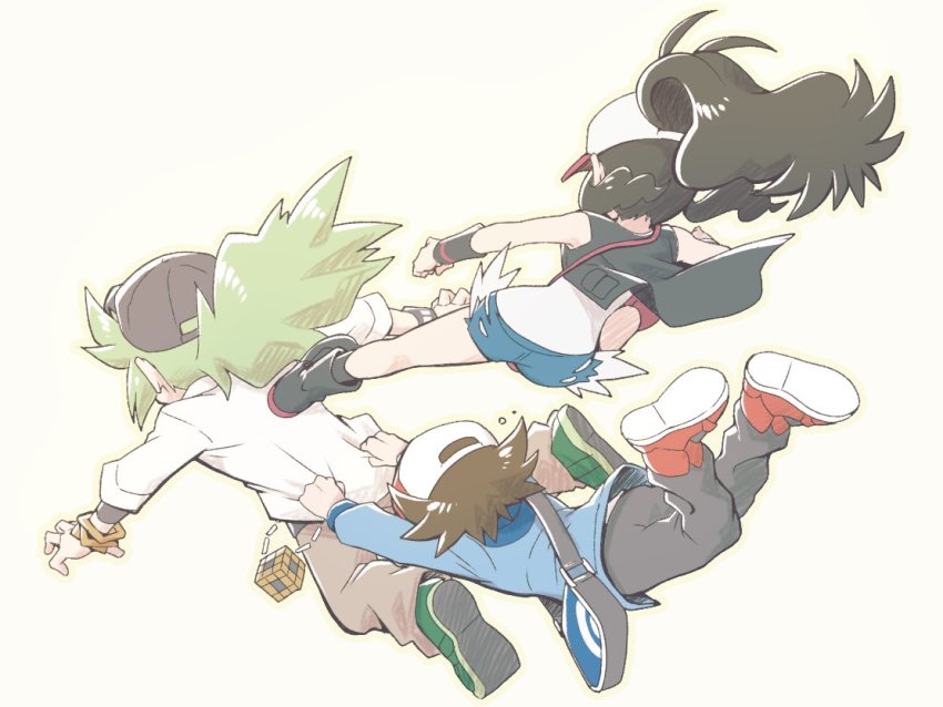 1girl, 2boys, bag, bangle, baseball_cap, black_footwear, black_legwear, black_vest