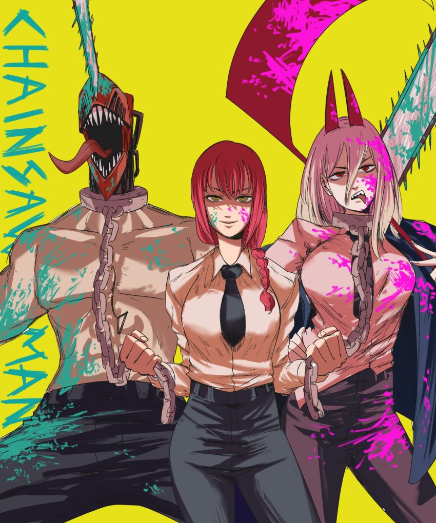 1boy, 2girls, alternate_form, black_pants, blood, blood_on_clothes, blood_on_face, blue_jacket, braid, brown_hair, chainsaw, chainsaw_man, collared_shirt, denji_(chainsaw_man), fang, fangs, hair_between_eyes, highres, horns, jacket, long_hair, long_sleeves, makima_(chainsaw_man), multiple_girls, necktie, open_mouth, pants, pink_hair, ponytail, power_(chainsaw_man), red_eyes, scowl, sharp_teeth, shirt, three-quarter_sleeves, smile, teeth, tina_fate, tongue, tongue_out, topless_male, unusual_blood_color, unusual_head, unusual_pupils, white_shirt, yellow_background, yellow_eyes