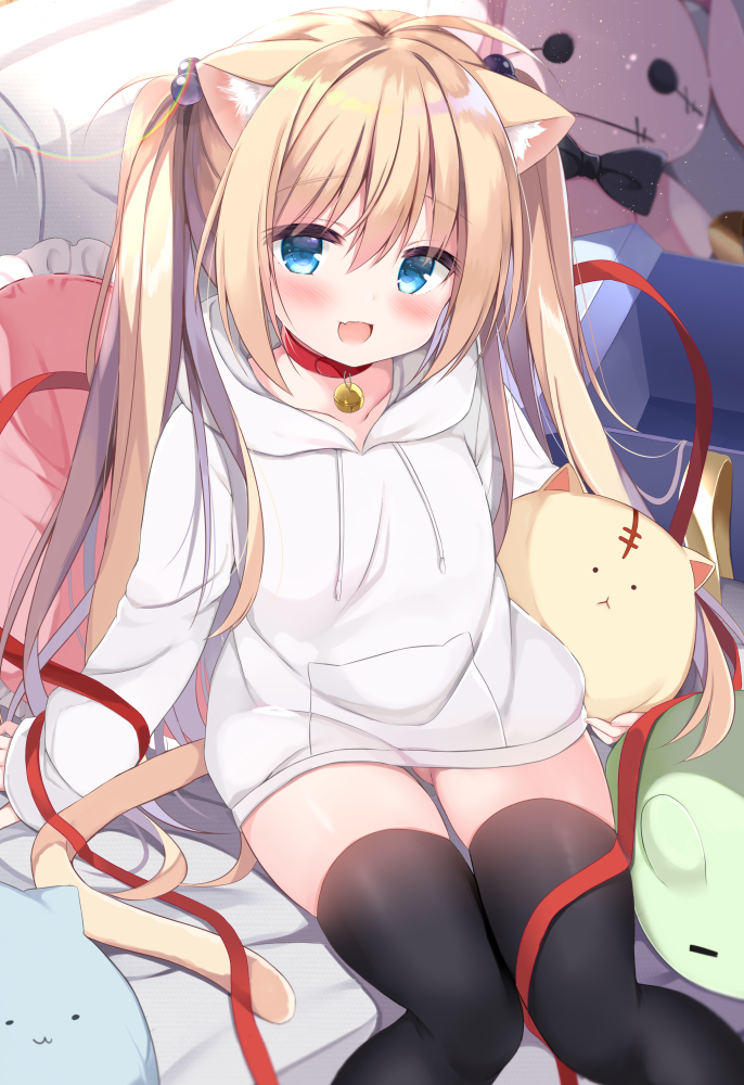1girl, :d, animal_ear_fluff, animal_ears, bell, black_thighhighs, blonde_hair, blue_eyes