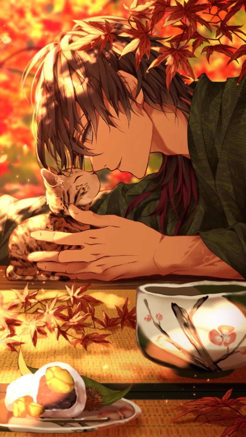 1boy, animal, autumn, autumn_leaves, baby_animal, cat, gokotai's_tigers, highres
