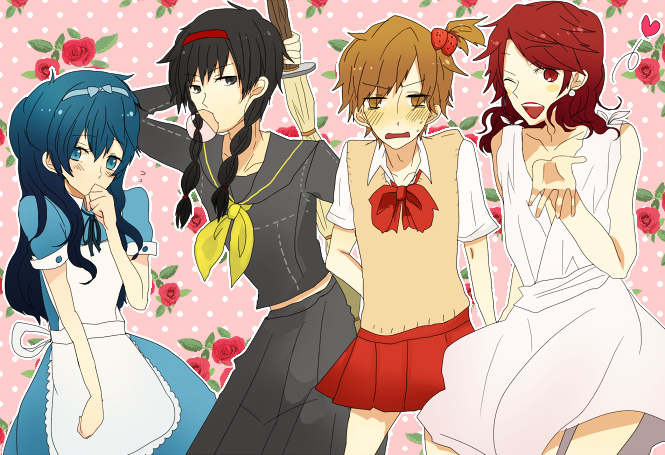 4girls, amagi_yukiko, atlus, bad_id, bad_pixiv_id, black_hair, blue_hair, brown_hair