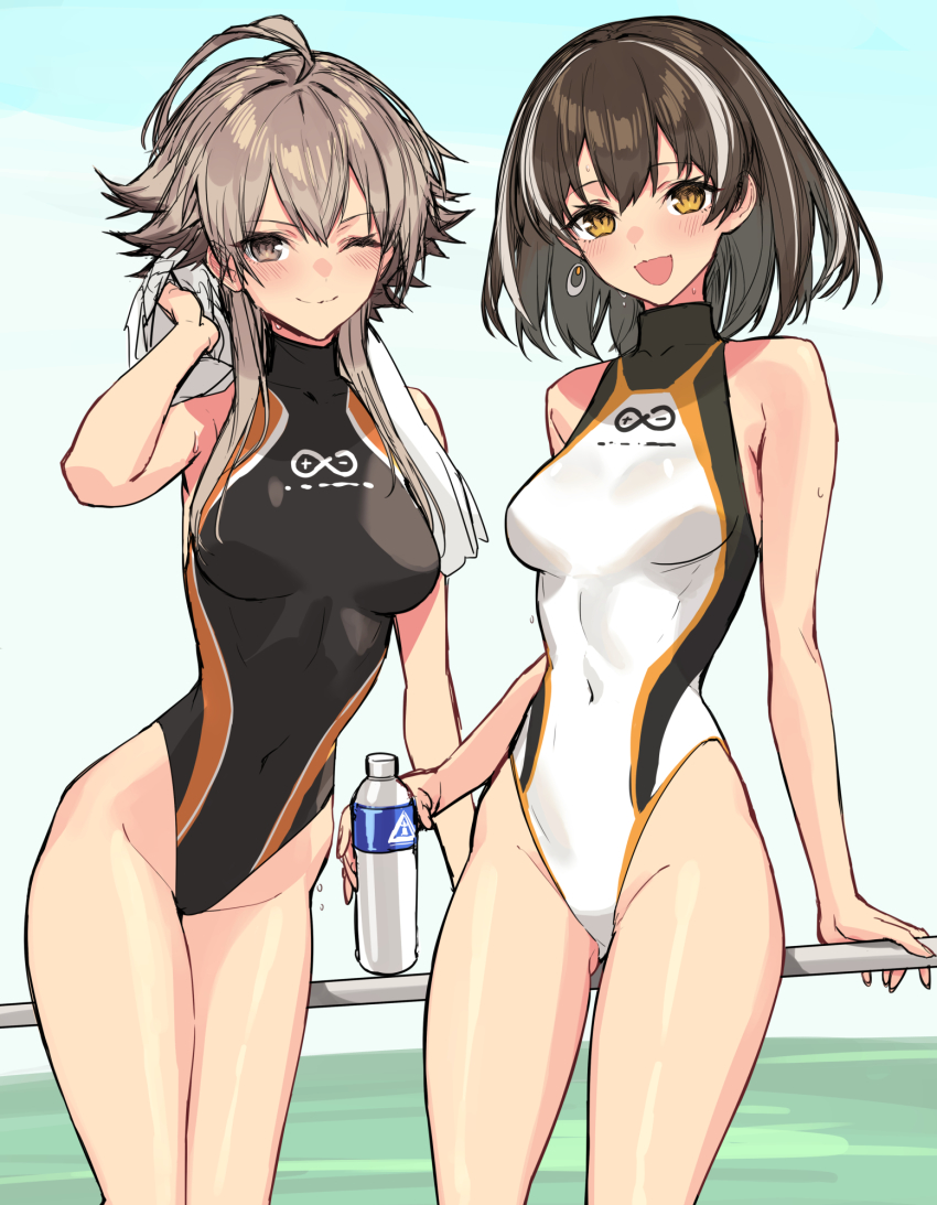 2girls, ahoge, alternate_costume, arknights, arm_support, black_one-piece_swimsuit, breasts, breasts_apart