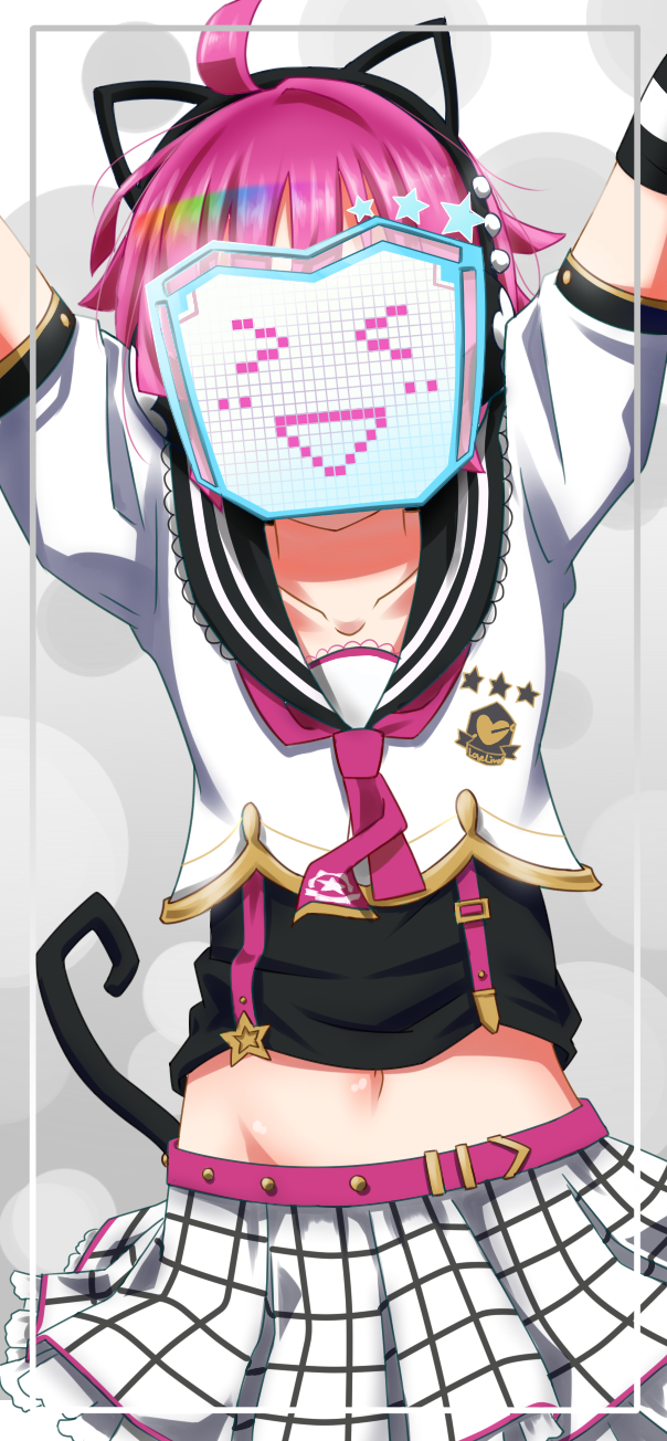 >_<, 1girl, ahoge, animal_ear_headphones, animal_ears, arm_warmers, arms_up, blouse