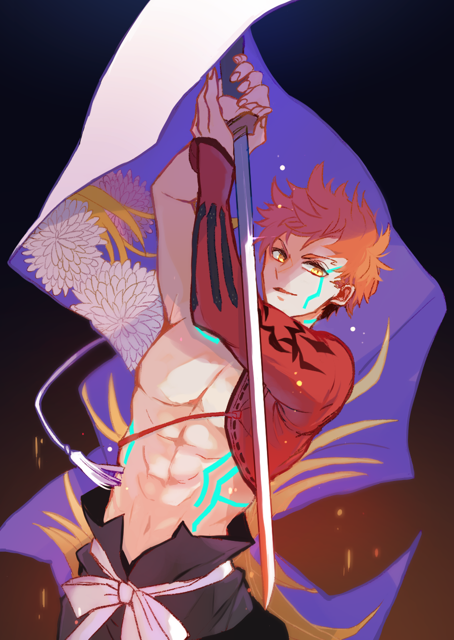 1boy, abs, emiya_shirou, fate/grand_order, fate_(series), hally, highres, holding