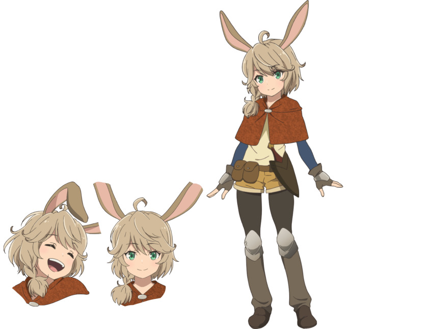 1girl, boots, braid, brown_hair, green_eyes, highres, horn_(isekai_maou), isekai_maou_to_shoukan_shoujo_no_dorei_majutsu, knife, long_hair, official_art, rabbit_ears, rabbit_girl, sheath, simple_background, smile, transparent_background