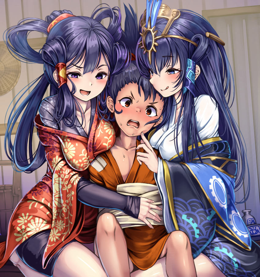1boy, 2girls, :d, :o, :p, age_difference, aged_up, bike_shorts, black_hair, blue_eyes, blue_hair, blush, breast_press, breasts, cleavage, floral_print, girl_sandwich, hair_ornament, hair_rings, half-closed_eyes, hand_on_another's_stomach, highres, japanese_clothes, kimono, kinta_(tensui_no_sakuna-hime), kokorowa-hime, licking_lips, long_sleeves, looking_at_viewer, medium_breasts, mizura, monikano, multiple_girls, nervous, off_shoulder, onee-shota, open_mouth, ponytail, purple_eyes, purple_hair, sakuna-hime, sandwiched, smile, sweatdrop, tensui_no_sakuna-hime, tongue, tongue_out, wide_sleeves