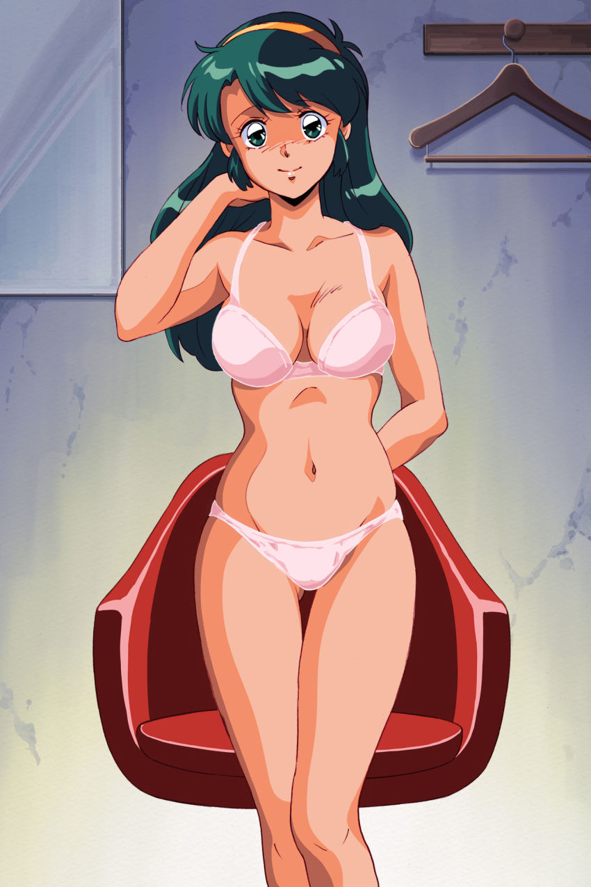 1980s_(style), 1girl, bra, breasts, chair, cleavage, engawa_suguru, full_body, green_eyes, green_hair, hairband, highres, looking_at_viewer, navel, oldschool, panties, pink_bra, pink_panties, retro_artstyle, shoko_(super_real_mahjong), super_real_mahjong, underwear
