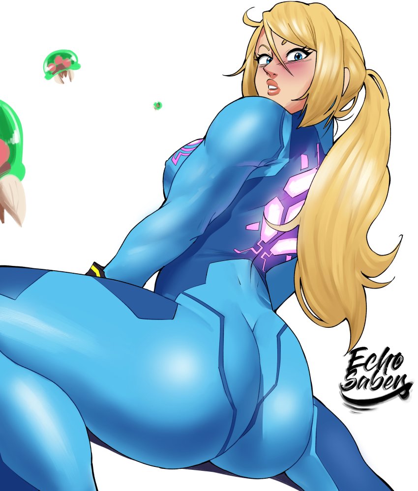 1girl, absurdres, ass, biceps, blonde_hair, blue_bodysuit, blue_eyes, blush