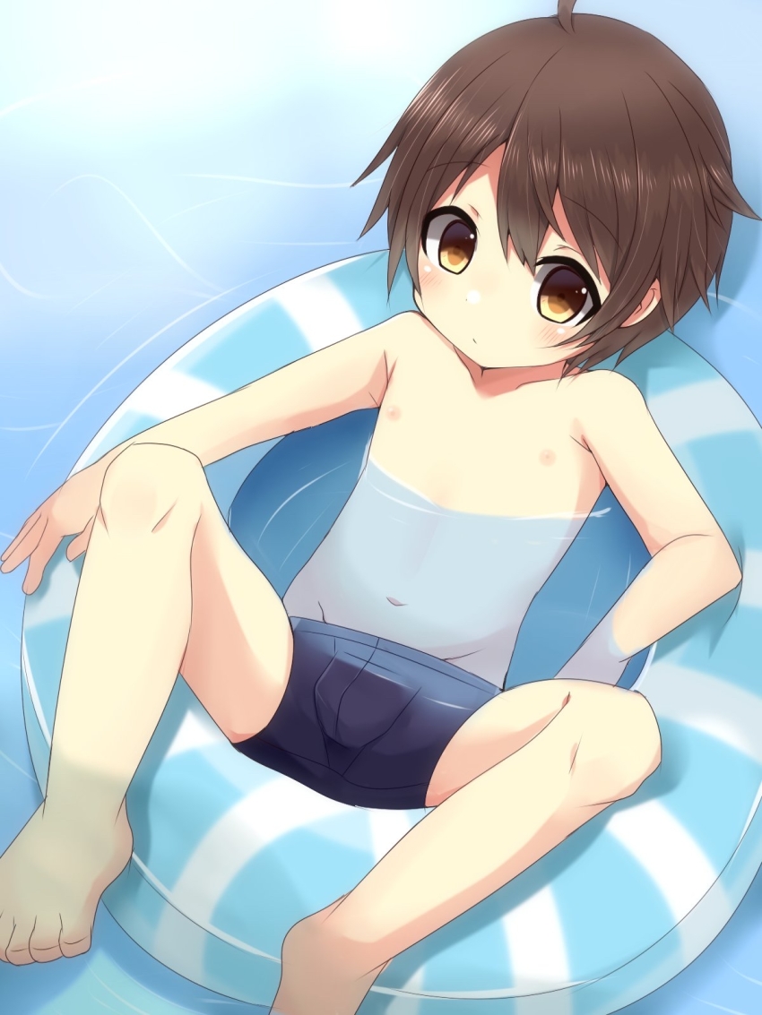 1boy, barefoot, black_hair, blue_jammers, blue_male_swimwear, blush, brown_eyes, bulge