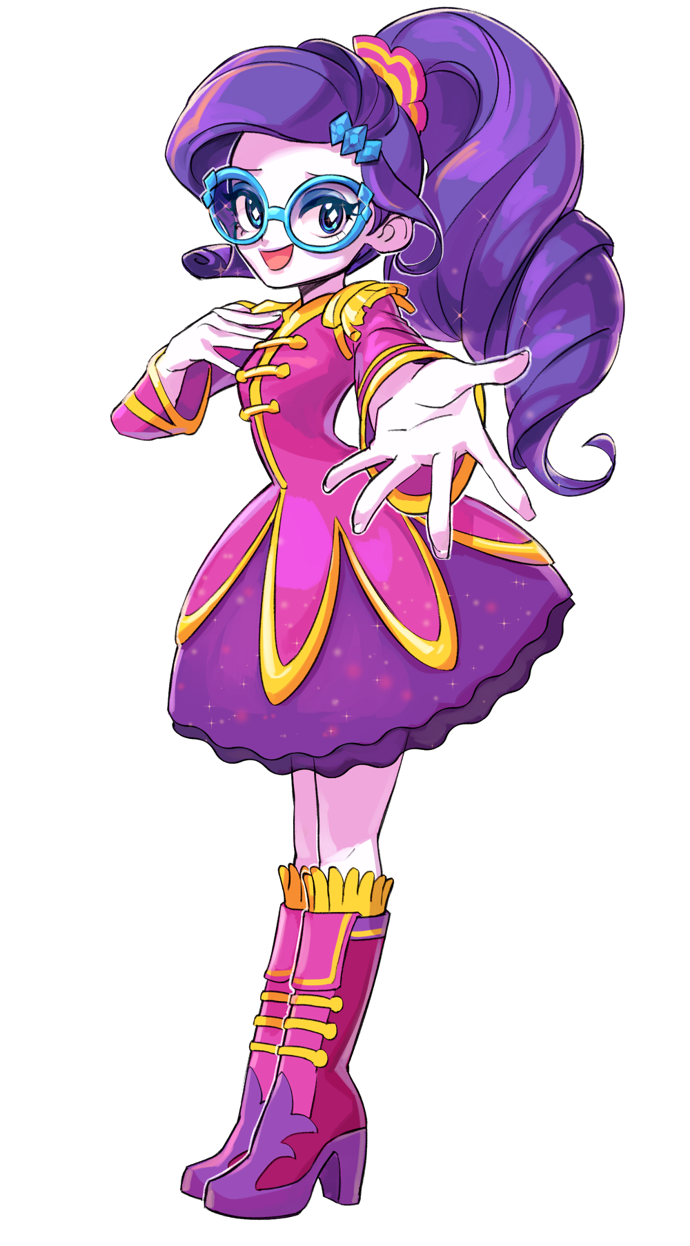 :d, asymmetrical_bangs, blue_eyes, boots, commentary, dress, english_commentary, equestria_girls:_rainbow_rocks