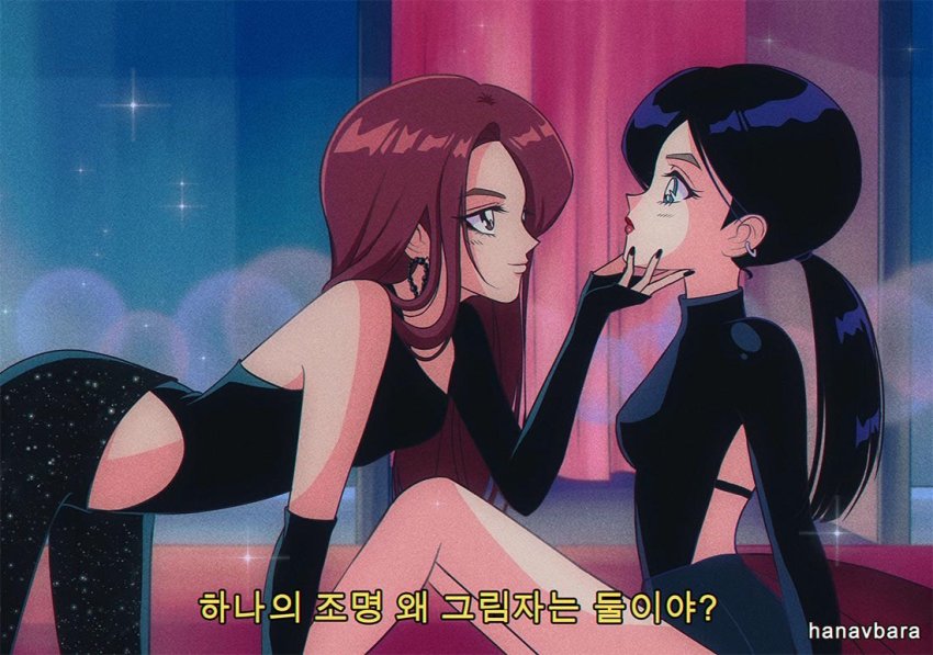 1980s_(style), 2girls, animification, artist_name, bent_over, breasts, brown_eyes, commentary, earrings, english_commentary, from_side, green_eyes, hanavbara, hand_on_another's_chin, irene_(red_velvet), jewelry, k-pop, korean_text, leggings, lyrics, multiple_girls, oldschool, ponytail, real_life, red_hair, red_velvet_(group), retro_artstyle, seulgi_(red_velvet), short_shorts, shorts, sitting, small_breasts, star_(sky), subtitled, translation_request, window, yuri