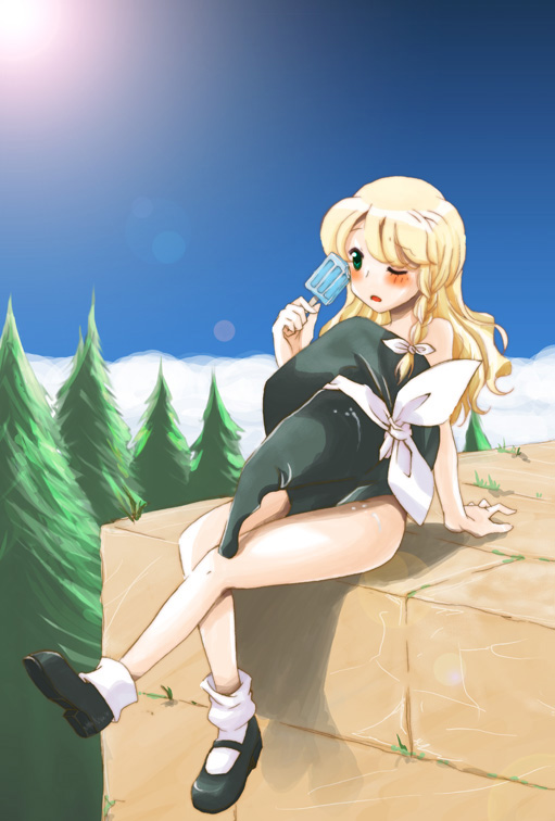 1girl, blonde_hair, braid, female_focus, food, green_eyes, hat, kawaizumi_pome