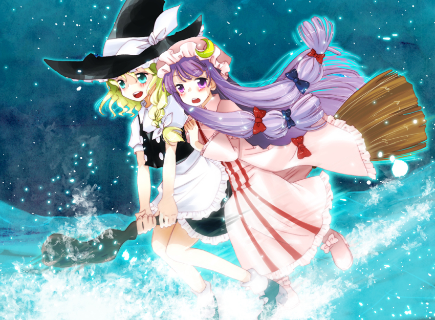 2girls, bad_id, bad_pixiv_id, blonde_hair, blue_eyes, braid, broom, broom_riding