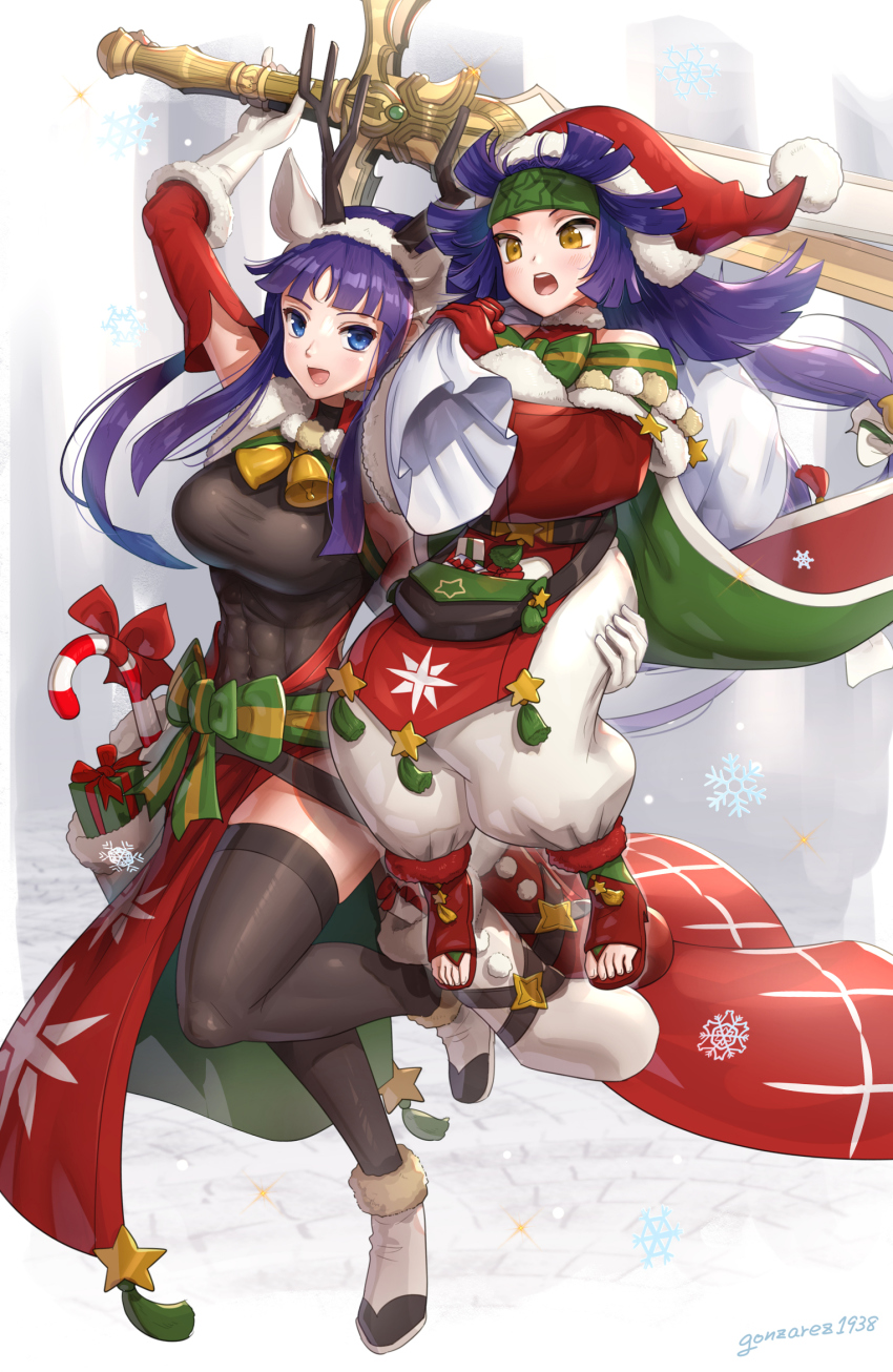 2girls, abs, altina_(fire_emblem), altina_(winter)_(fire_emblem), animal_ears, bell, black_bodysuit, blue_eyes, blush, bodysuit, boots, bow, box, breasts, candy, candy_cane, cape, carrying_over_shoulder, christmas_stocking, commentary, covered_navel, detached_sleeves, fake_animal_ears, fire_emblem, fire_emblem:_radiant_dawn, fire_emblem_heroes, food, full_body, fur-trimmed_boots, fur-trimmed_gloves, fur_trim, gift, gift_bag, gift_box, gloves, gonzarez, green_bow, green_cape, hat, headband, highres, holding, holding_person, holding_sword, holding_weapon, large_breasts, long_hair, looking_at_another, looking_down, multiple_girls, nintendo, official_alternate_costume, open_mouth, pants, pom_pom_(clothes), purple_hair, red_footwear, red_headwear, sanaki_kirsch_altina, sanaki_kirsch_altina_(winter), sandals, santa_costume, santa_hat, signature, skin_tight, smile, snowflakes, star_(symbol), sword, tabard, tassel, thighhighs, thighs, waist_cape, weapon, white_footwear, white_gloves, white_pants, yellow_eyes