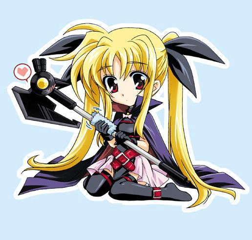 00s, 1girl, bardiche_(device_form)_(nanoha), bardiche_(nanoha), blonde_hair, blush, chibi, fate_testarossa