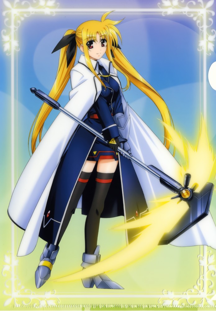 00s, 1girl, bardiche_(haken_form)_(nanoha), bardiche_(nanoha), blonde_hair, boots, cape, energy_blade