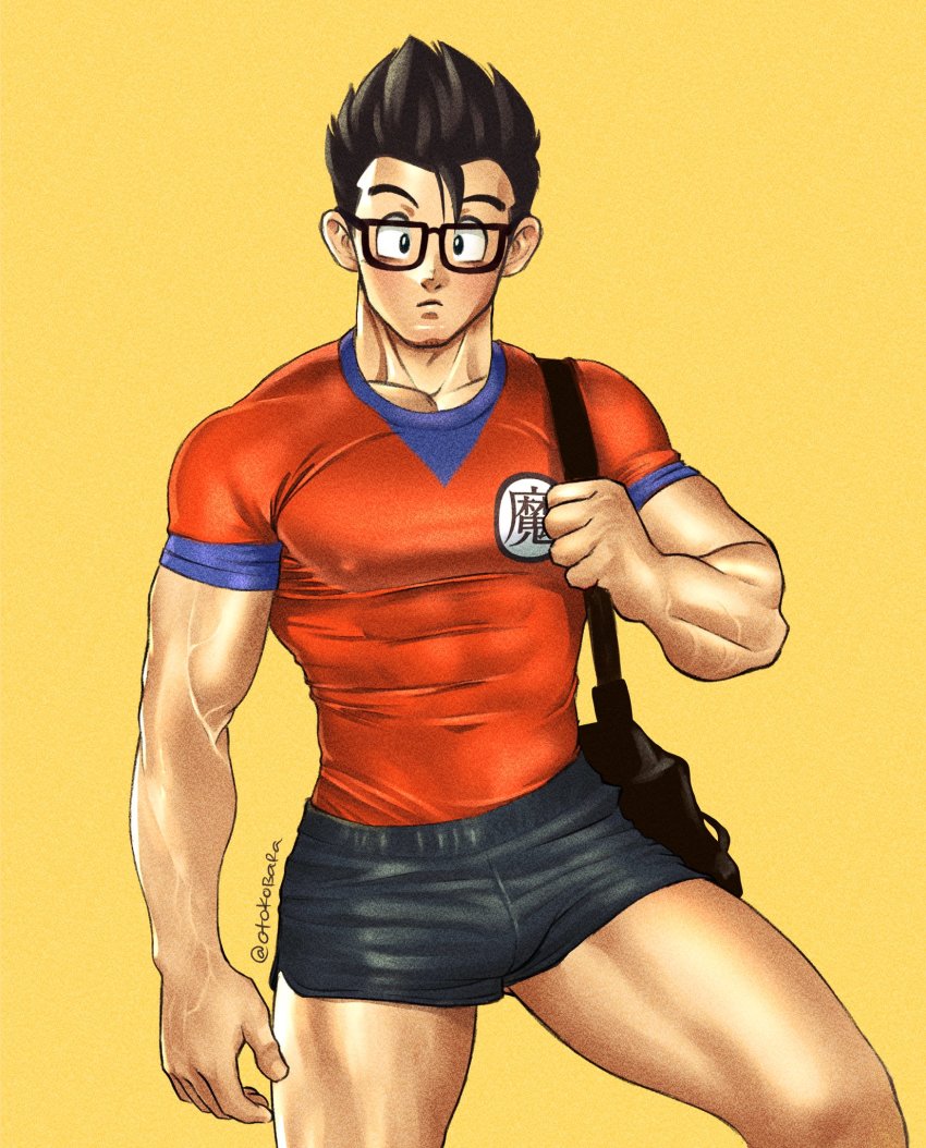 1boy, alternate_costume, bara, black-framed_eyewear, black_hair, black_shorts, blush, bulge