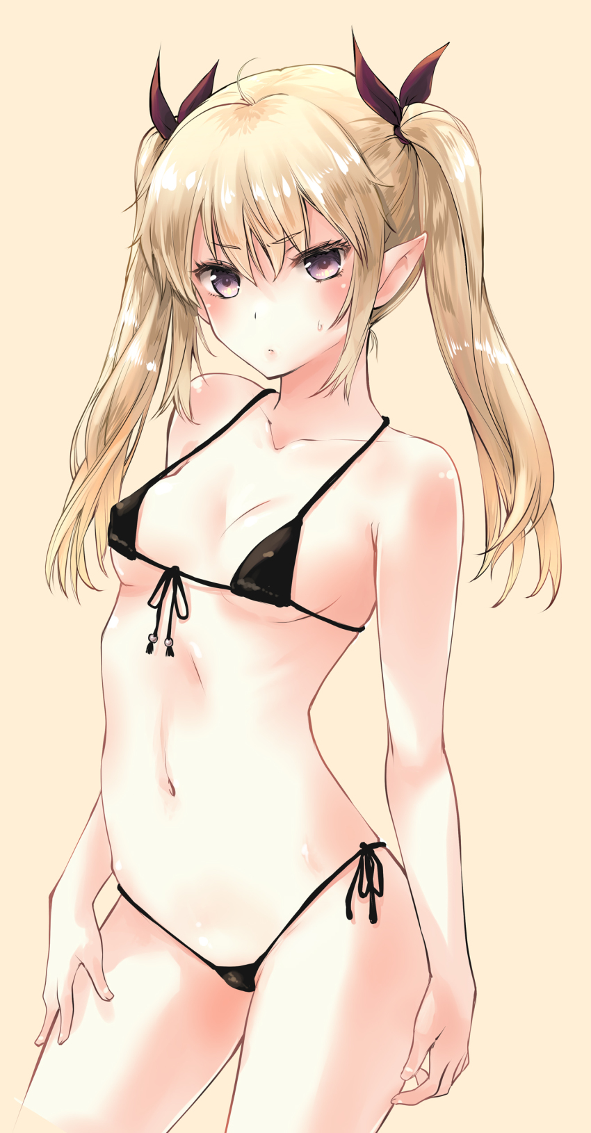 1girl, absurdres, ahoge, armpit_crease, bare_arms, bare_shoulders, bikini, black_bikini, black_eyes, blonde_hair, breasts, collarbone, cowboy_shot, front-tie_bikini_top, front-tie_top, hair_ribbon, hand_on_own_thigh, highres, long_hair, looking_at_viewer, makita_yoshiharu, navel, original, pointy_ears, pout, ribbon, side-tie_bikini_bottom, sidelocks, simple_background, small_breasts, solo, standing, stomach, string_bikini, sweat, swimsuit, thighs, twintails, v-shaped_eyebrows, yellow_background