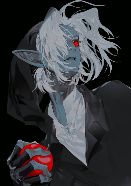 1boy, apple, black_background, black_gloves, black_hat, black_theme, colored_sclera, colored_skin