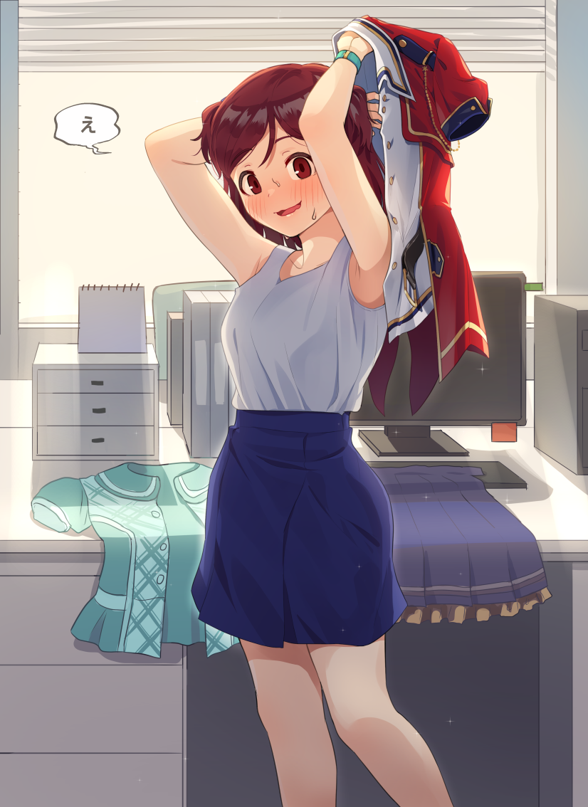 1girl, aoba_misaki, arms_up, blue_skirt, blush, brown_eyes, brown_hair, caught