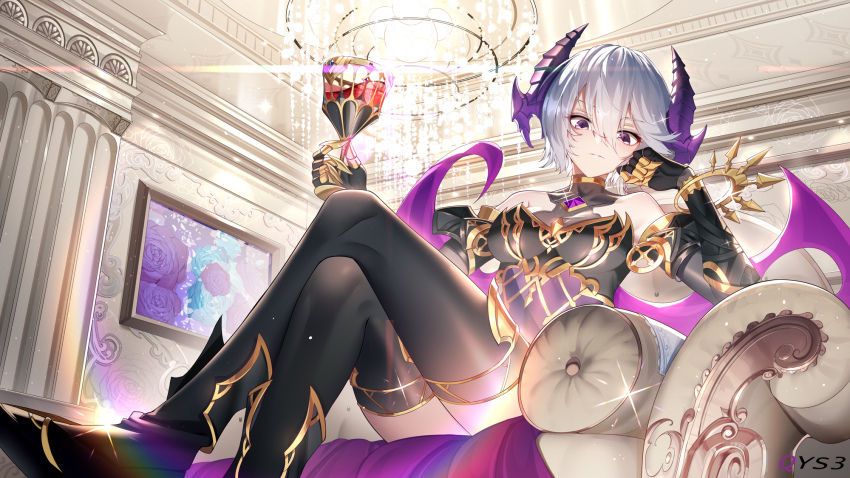 1girl, bare_shoulders, black_gloves, black_thighhighs, breasts, chair, chandelier, crossed_legs, elbow_gloves, fafnir_(masterwork_apocalypse), from_below, glass, gloves, grey_hair, hair_between_eyes, highres, horns, indoors, looking_at_viewer, masterwork_apocalypse, on_chair, purple_eyes, qys3, short_hair, sitting, slit_pupils, small_breasts, solo, thighhighs