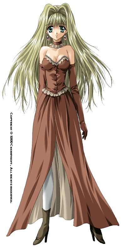 1girl, akira_(usausa), bare_shoulders, blonde_hair, blood_royal, breasts, choker, cleavage, dress, elbow_gloves, female_focus, gloves, green_eyes, long_hair, myrtle, solo, strapless, strapless_dress