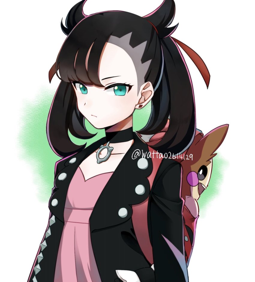 1girl, artist_name, asymmetrical_bangs, backpack, bag, black_choker, black_hair, black_jacket, choker, closed_mouth, collarbone, commentary_request, dress, earrings, eyelashes, gen_8_pokemon, green_eyes, hair_ribbon, highres, jacket, jewelry, looking_at_viewer, marnie_(pokemon), morpeko, morpeko_(full), nintendo, open_clothes, open_jacket, pink_dress, pokemon, pokemon_(creature), pokemon_sword_and_shield, red_ribbon, ribbon, watermark, watta02614129