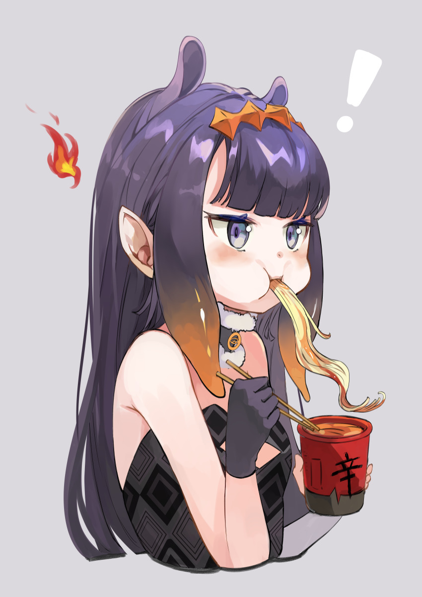 1girl, absurdres, black_gloves, blue_eyes, blunt_bangs, cheek_bulge, chopsticks, instant_cup_noodles