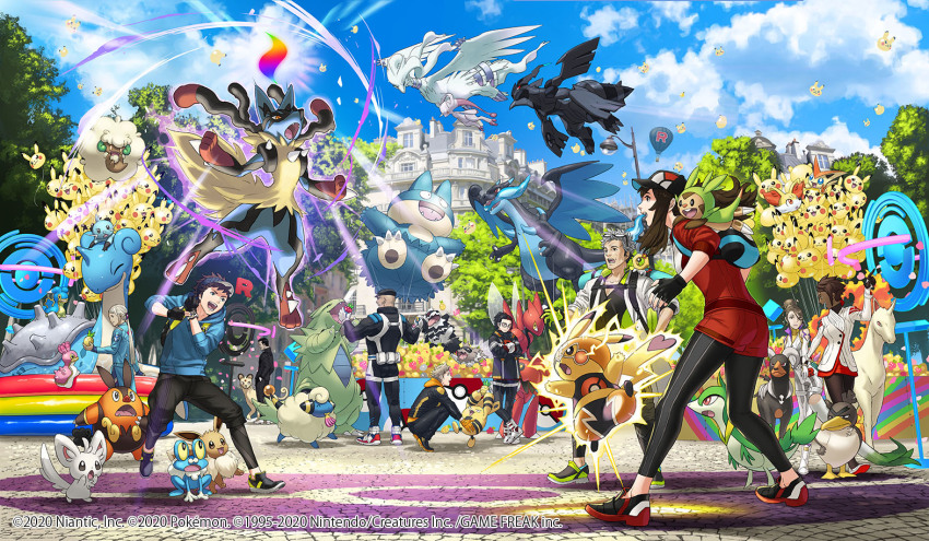 4girls, 6+boys, aircraft, arlo_(pokemon), backpack, bag, baseball_cap, berry_(pokemon)