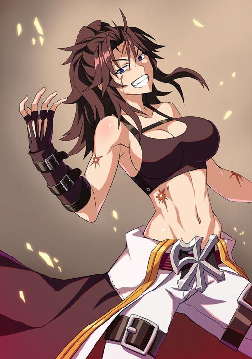 1girl, arm_belt, bare_shoulders, belt, black_belt, black_bra, black_cape, black_gloves