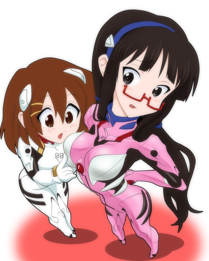 2girls, akiyama_mio, ayanami_rei, ayanami_rei_(cosplay), black_eyes, black_hair, blush, breasts, brown_eyes, brown_hair, chibi, cosplay, evangelion:_2.0_you_can_(not)_advance, from_above, glasses, hirasawa_yui, k-on!, large_breasts, long_hair, makinami_mari_illustrious, makinami_mari_illustrious_(cosplay), manabe_nodoka_(cosplay), mecha_pilot_suit, medium_breasts, multiple_girls, nakao, neon_genesis_evangelion, plugsuit_(evangelion), poking, rebuild_of_evangelion, rectangular_eyewear, red-framed_eyewear, semi-rimless_eyewear, short_hair, under-rim_eyewear