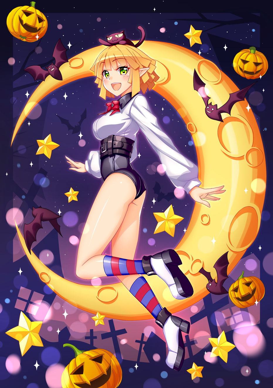 1girl, animal, animal_on_head, bat_(animal), belt, black_cat, black_leotard, blonde_hair