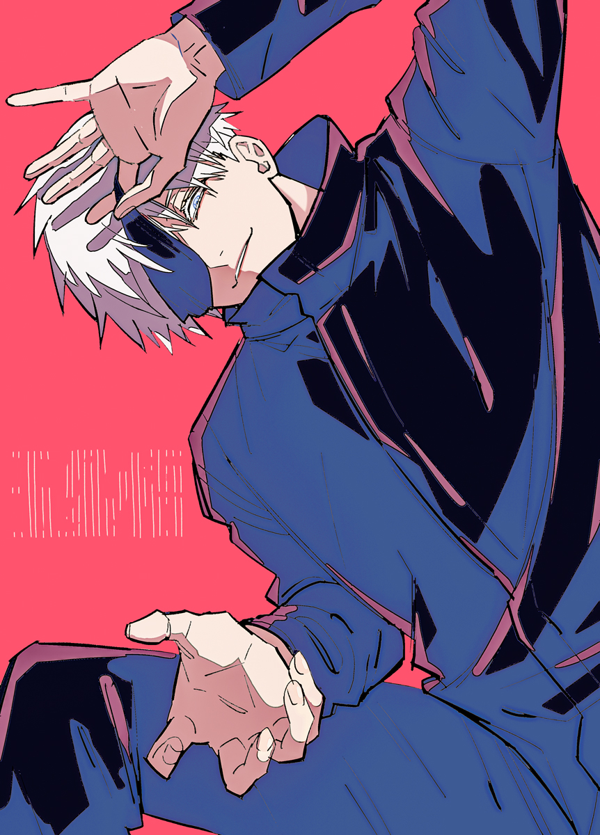 1boy, alternate_hairstyle, black_jacket, black_pants, blindfold, blue_eyes, eyelashes, gojo_satoru