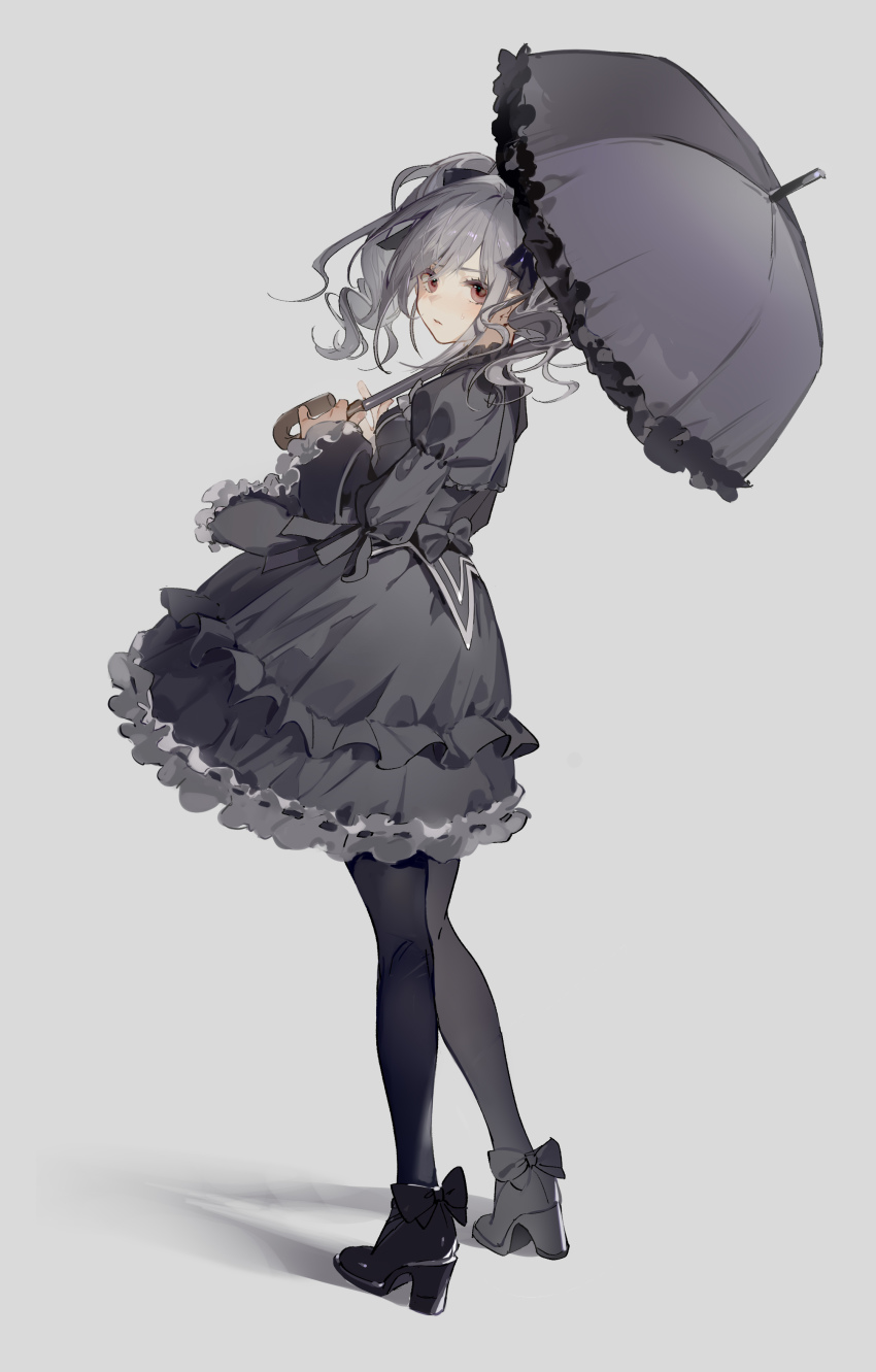 1girl, absurdres, black_dress, black_pantyhose, dress, gothic_lolita, grey_background, grey_umbrella