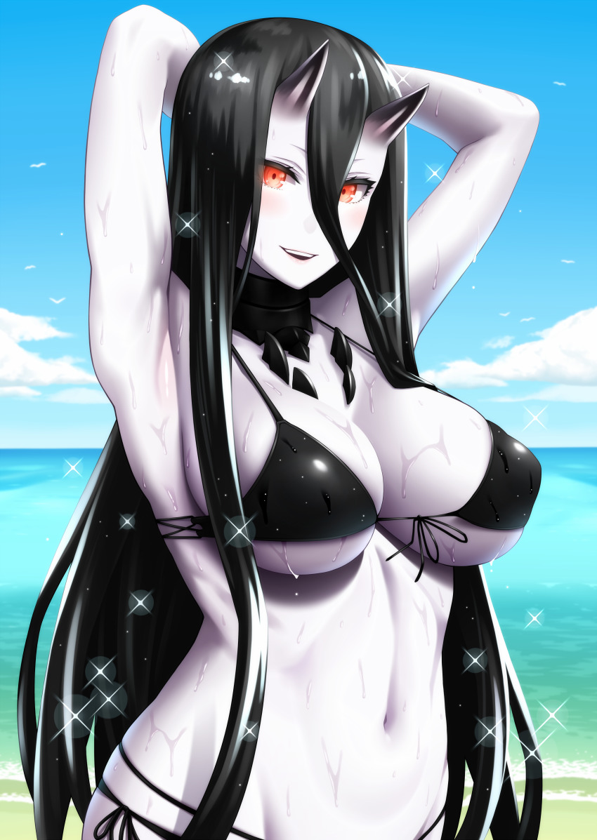 1girl, absurdres, abyssal_ship, armpits, arms_behind_head, arms_up, bare_shoulders, battleship_princess, battleship_summer_princess, beach, bikini, black_bikini, black_hair, blue_sky, blush, breasts, cleavage, cloud, colored_skin, day, front-tie_bikini_top, front-tie_top, hair_between_eyes, highres, horns, kantai_collection, large_breasts, long_hair, looking_at_viewer, navel, ocean, outdoors, pale_skin, red_eyes, side-tie_bikini_bottom, sky, smile, solo, sparkle, standing, string_bikini, swimsuit, uron-rei, very_long_hair, water, wet, white_skin