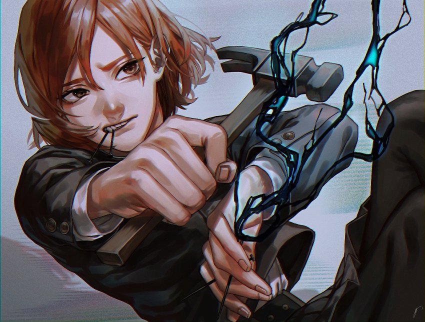 1girl, brown_eyes, brown_hair, hammer, holding, holding_hammer, holding_nail, jujutsu_kaisen